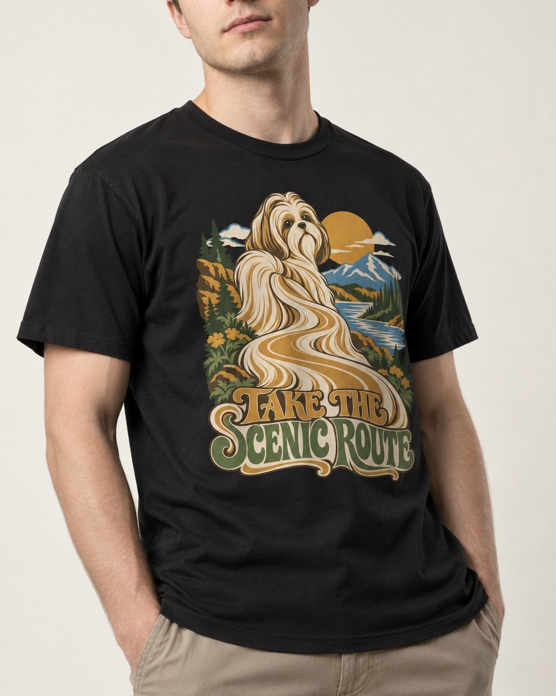 Shih Tzu Take the Scenic Route Mountain Vista Graphic T-Shirt in Black, worn by a model, front view