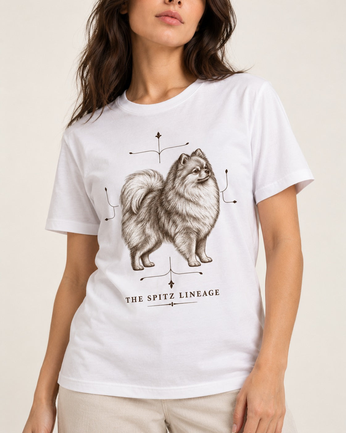 Pomeranian Spitz Lineage T-Shirt in White, worn by a model, front view