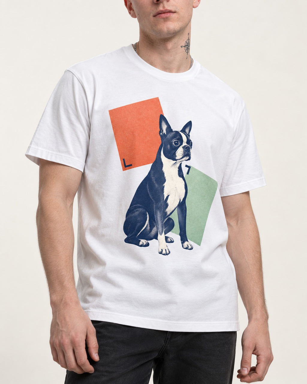 Boston Terrier Quiet Confidence T-Shirt in White, worn by a model, front view
