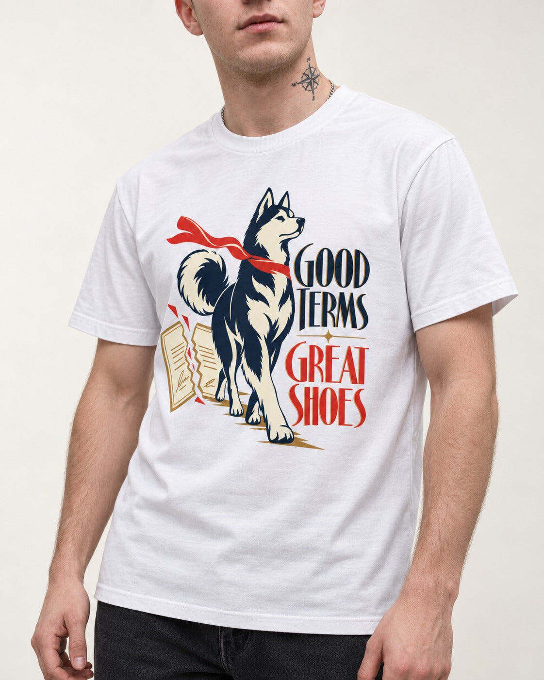 Husky Good Terms Great Shoes T-Shirt in White, worn by a model, front view