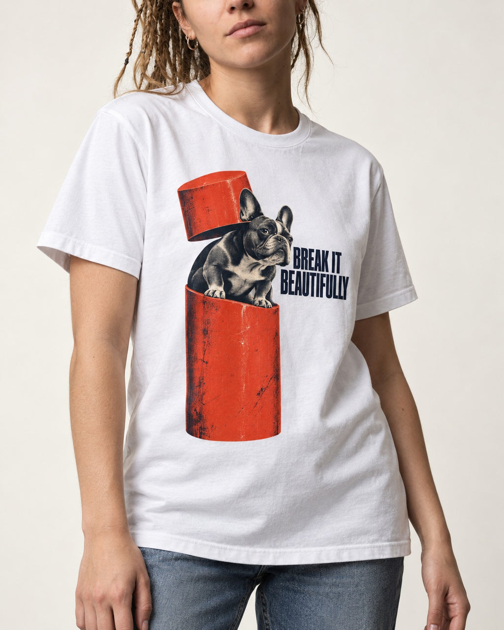 Frenchie Break It Beautifully T-Shirt in White, worn by a model, front view