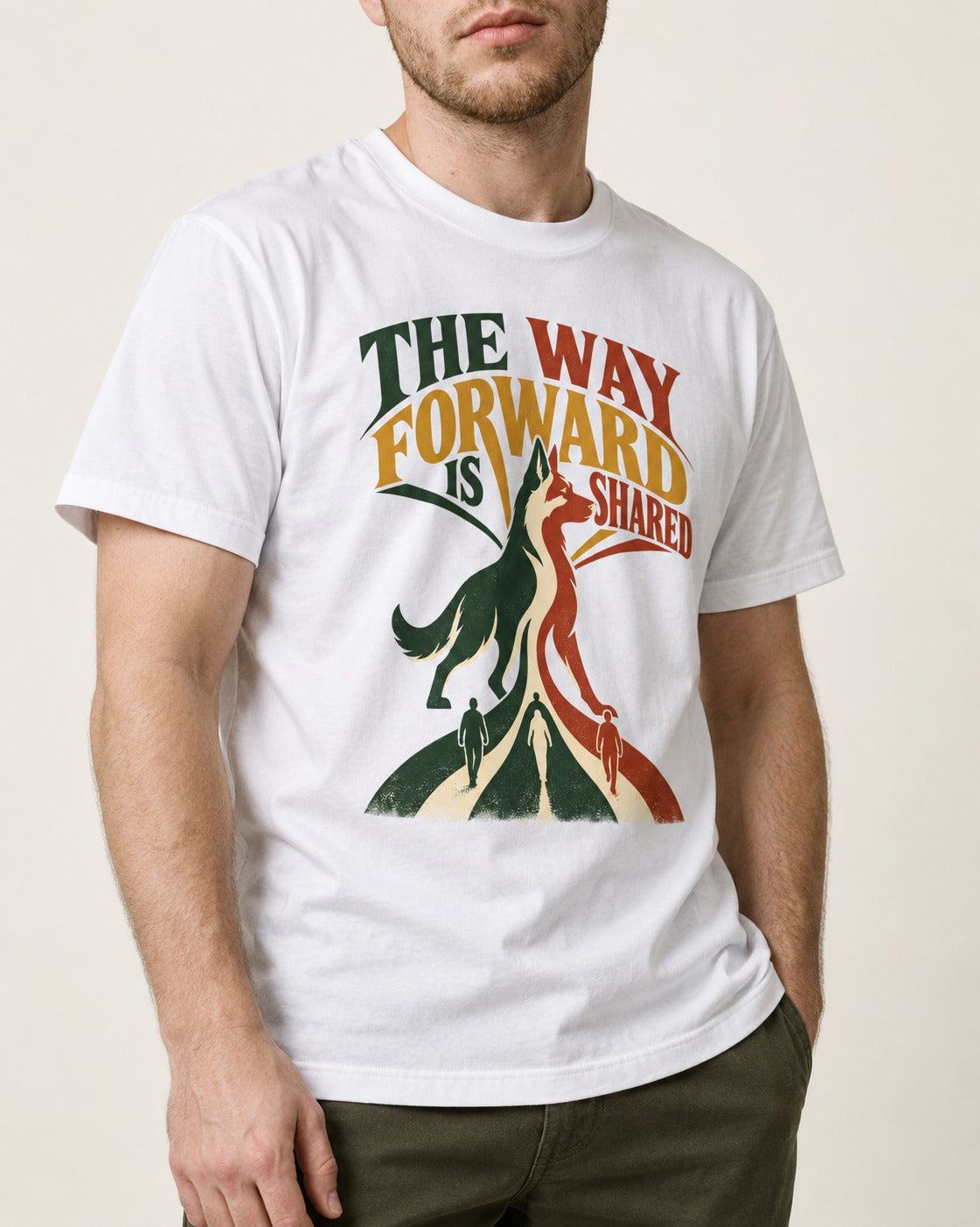 Shared Way Forward German Shepherd Dog T-Shirt in White, worn by a model, front view