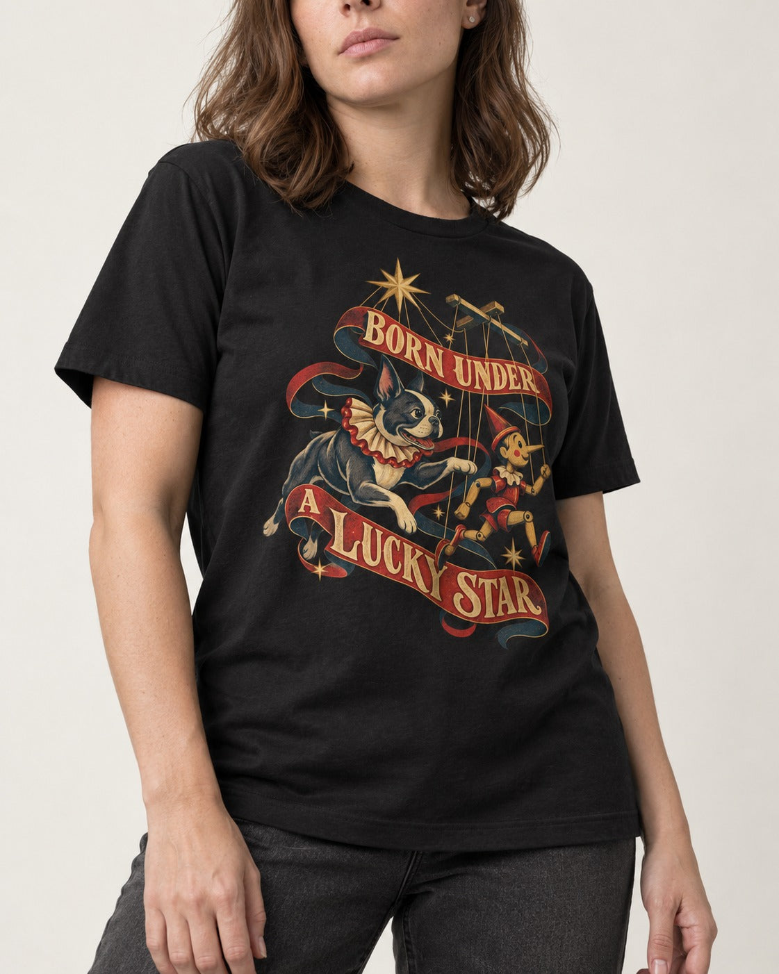 Born Under a Lucky Star Boston Terrier T-Shirt in Black, worn by a model, front view