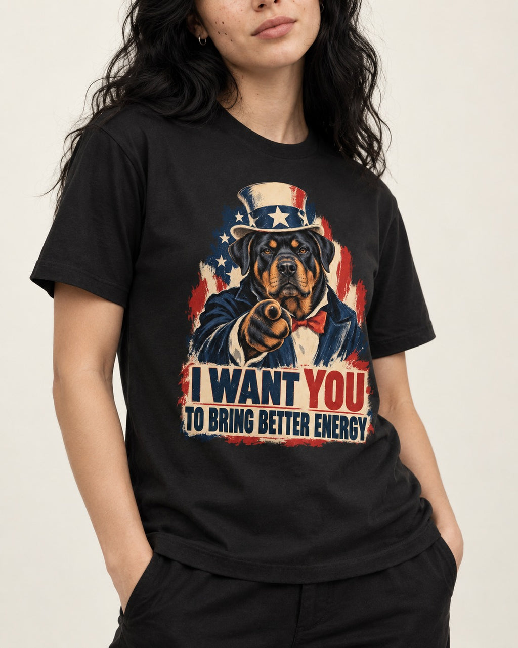 Rottweiler I Want You to Bring Better Energy Recruitment Poster Graphic T-Shirt in Black, worn by a model, front view