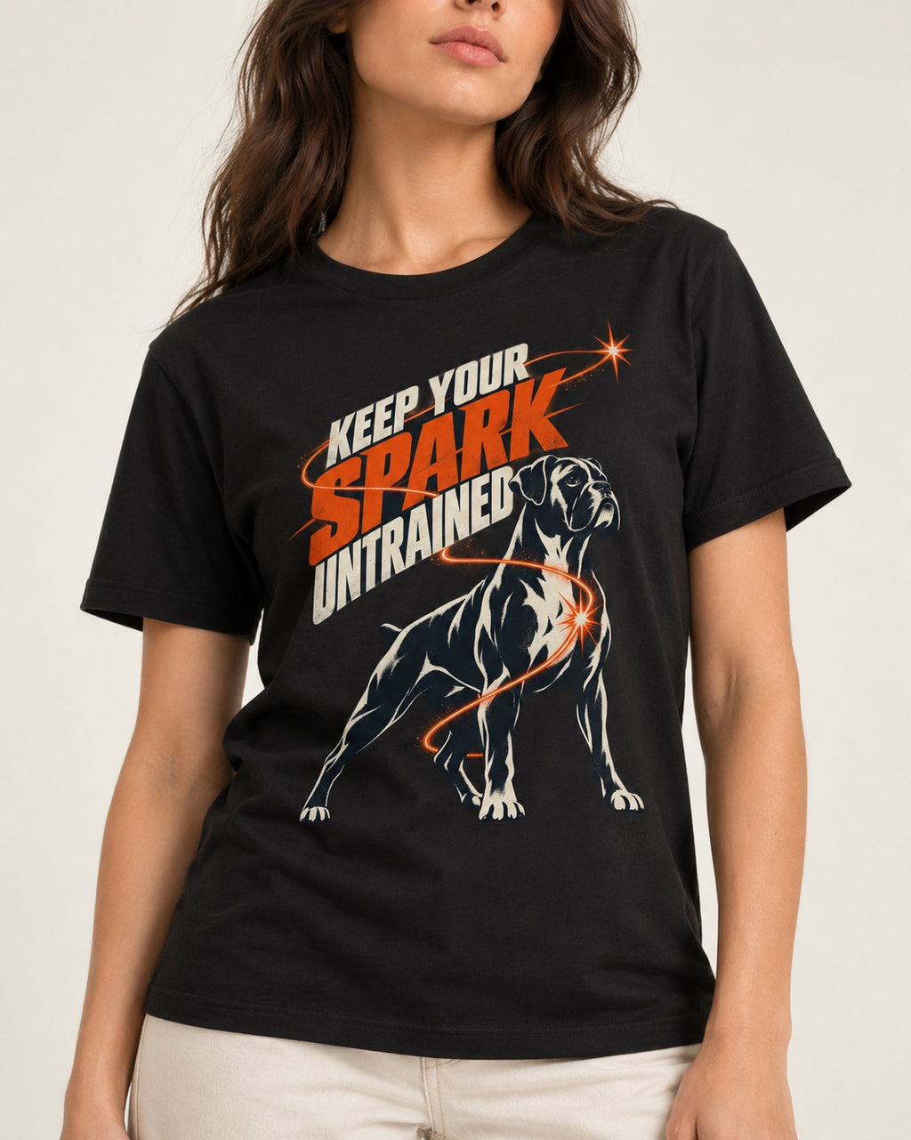 Boxer Keep Your Spark Untrained T-Shirt in Black, worn by a model, front view