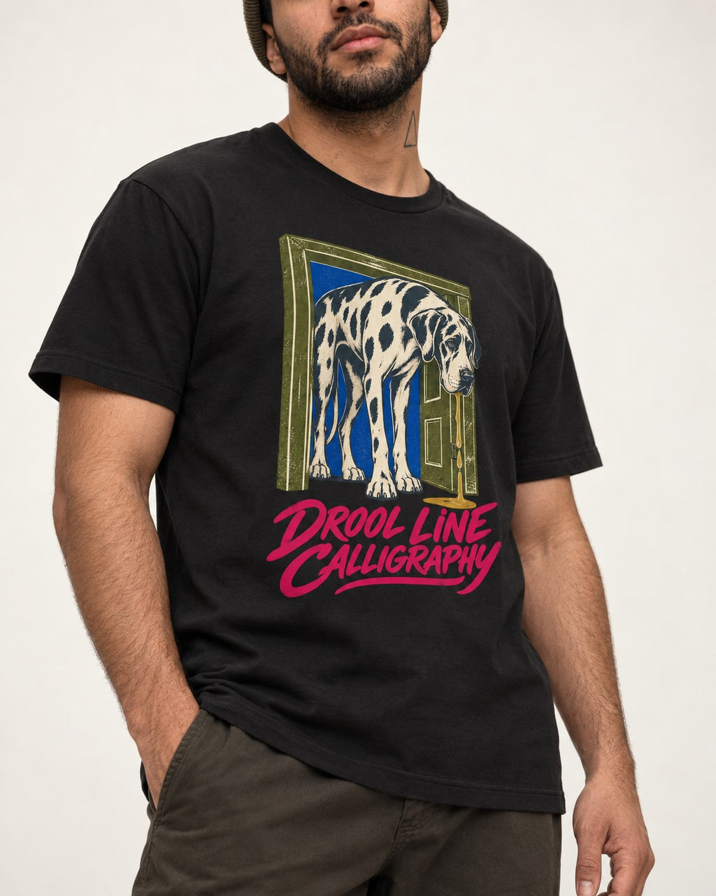 Great Dane Drool Line Calligraphy Doorway Graphic T-Shirt in Black, worn by a model, front view