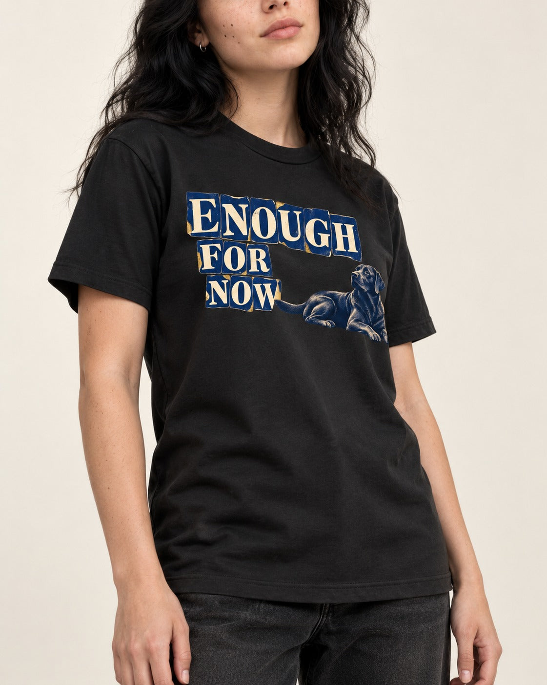 Labrador Retriever Enough for Now Reclining Graphic T-Shirt in Black, worn by a model, front view