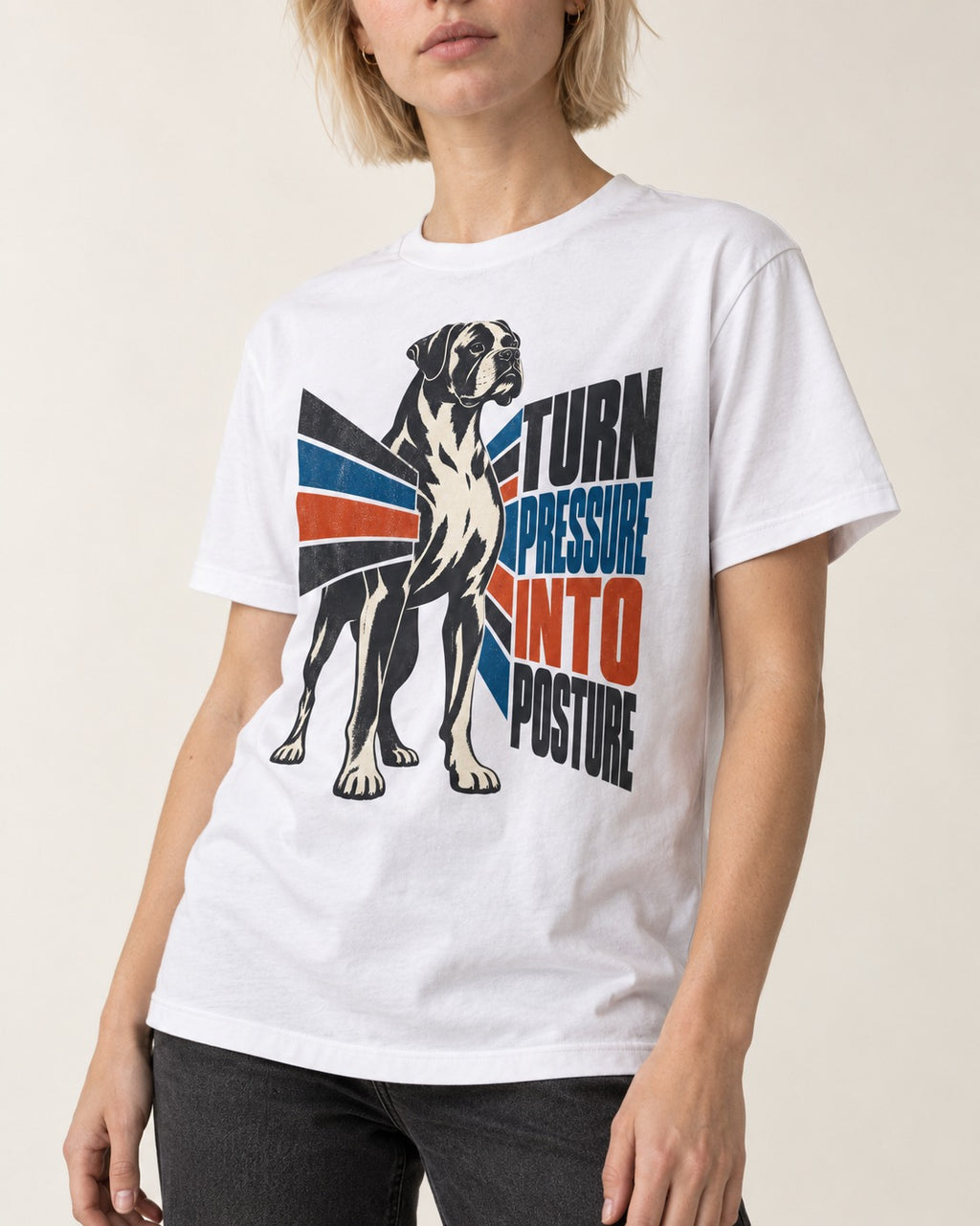 Boxer Turn Pressure Into Posture T-Shirt in White, worn by a model, front view