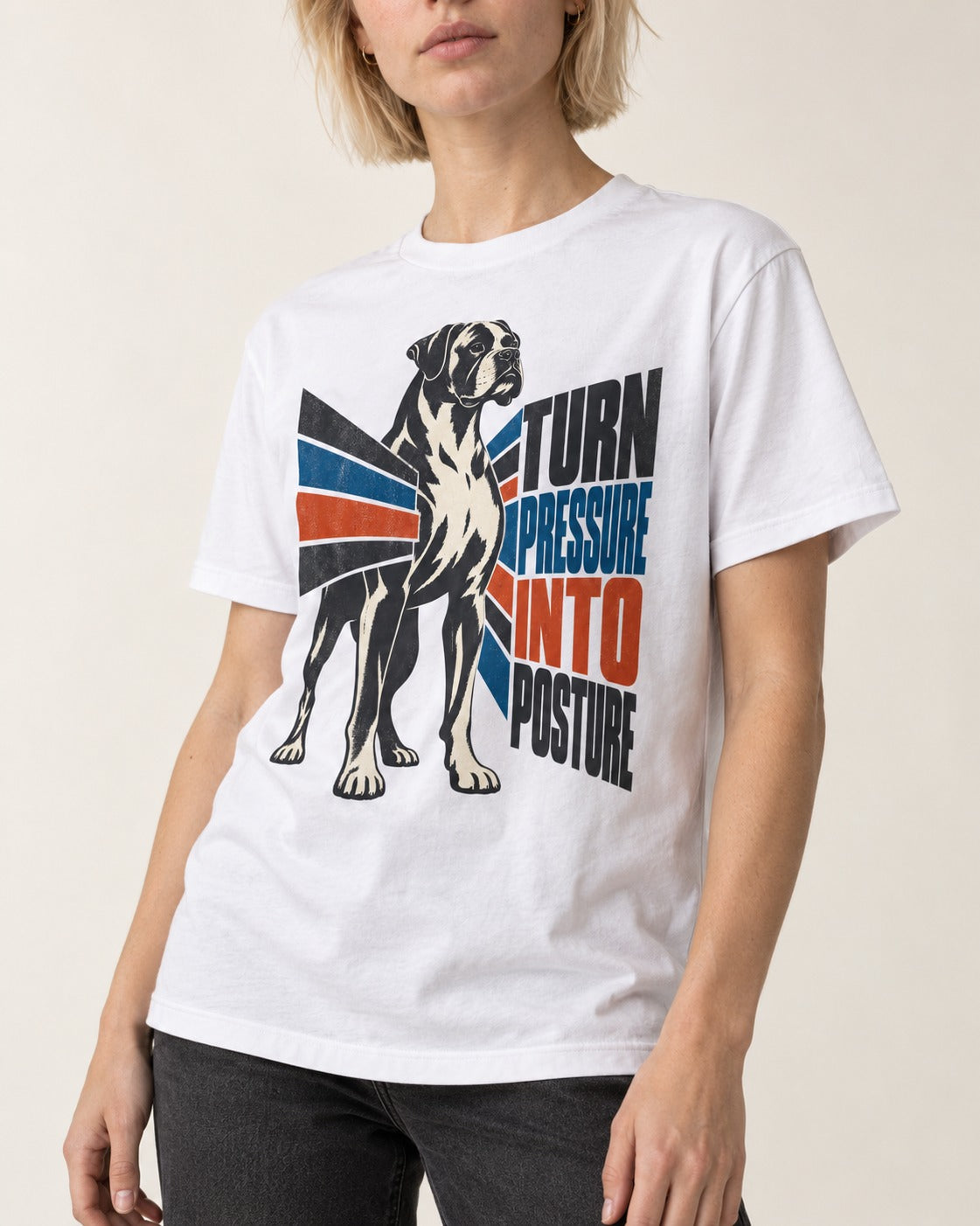 Boxer Turn Pressure Into Posture T-Shirt in White, worn by a model, front view