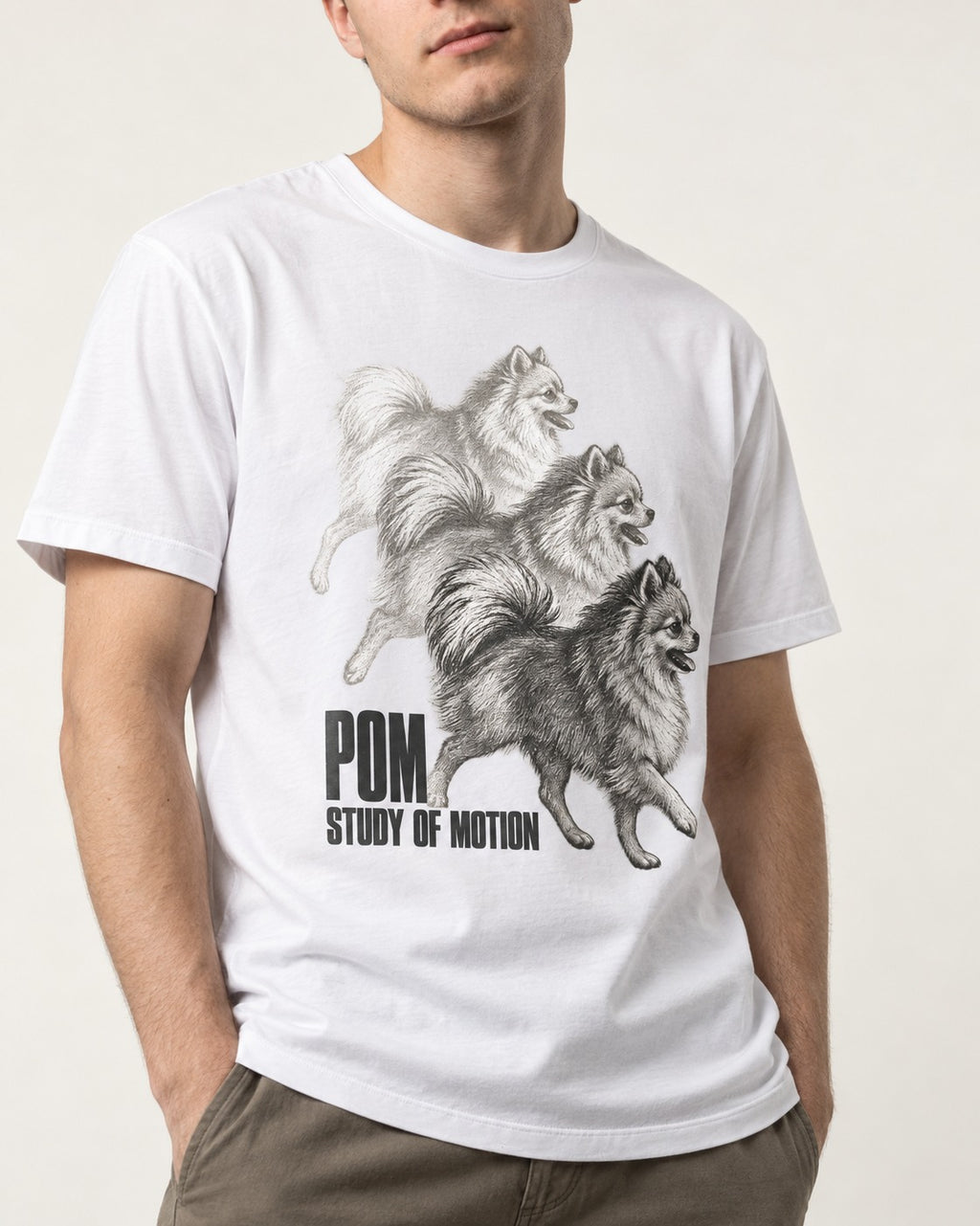 Pomeranian Study of Motion T-Shirt in White, worn by a model, front view