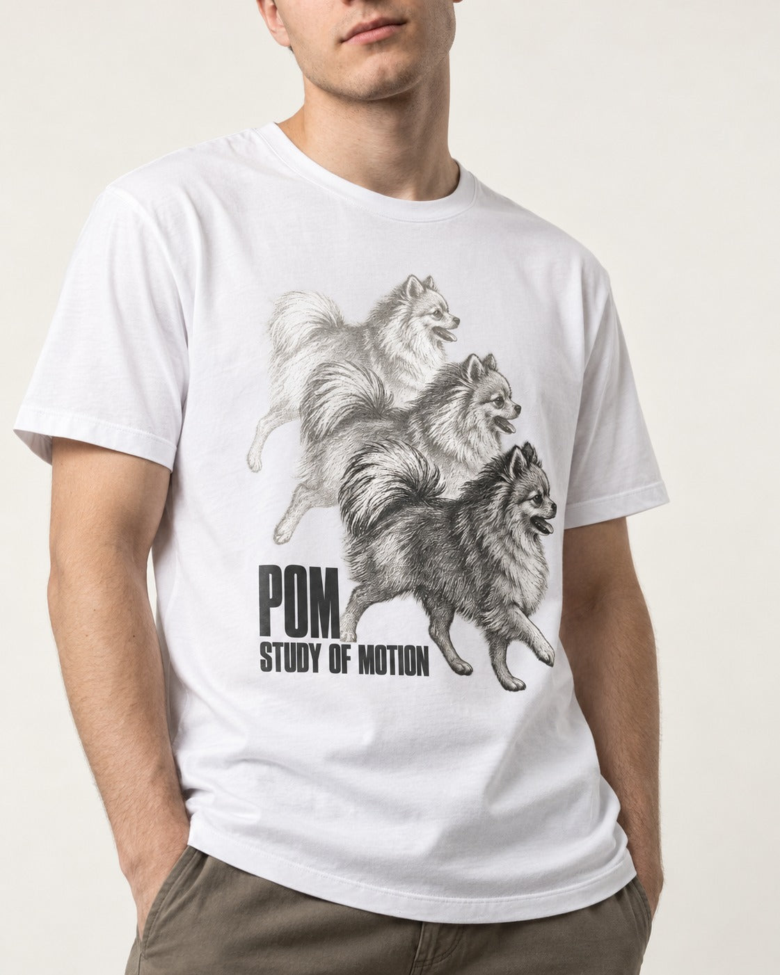 Pomeranian Study of Motion T-Shirt in White, worn by a model, front view