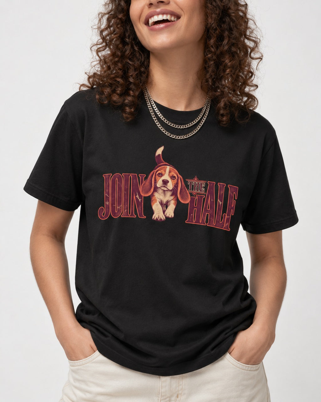 Beagle Join The Half T-Shirt in Black, worn by a model, front view