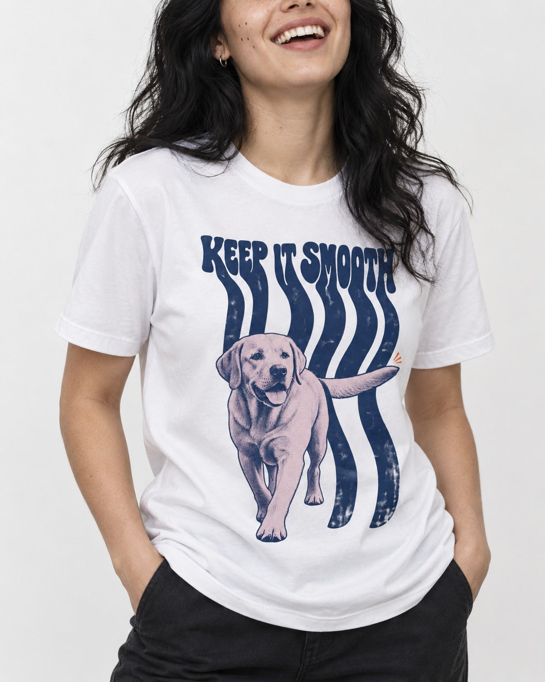 Keep It Smooth Labrador Retriever T-Shirt in White, worn by a model, front view