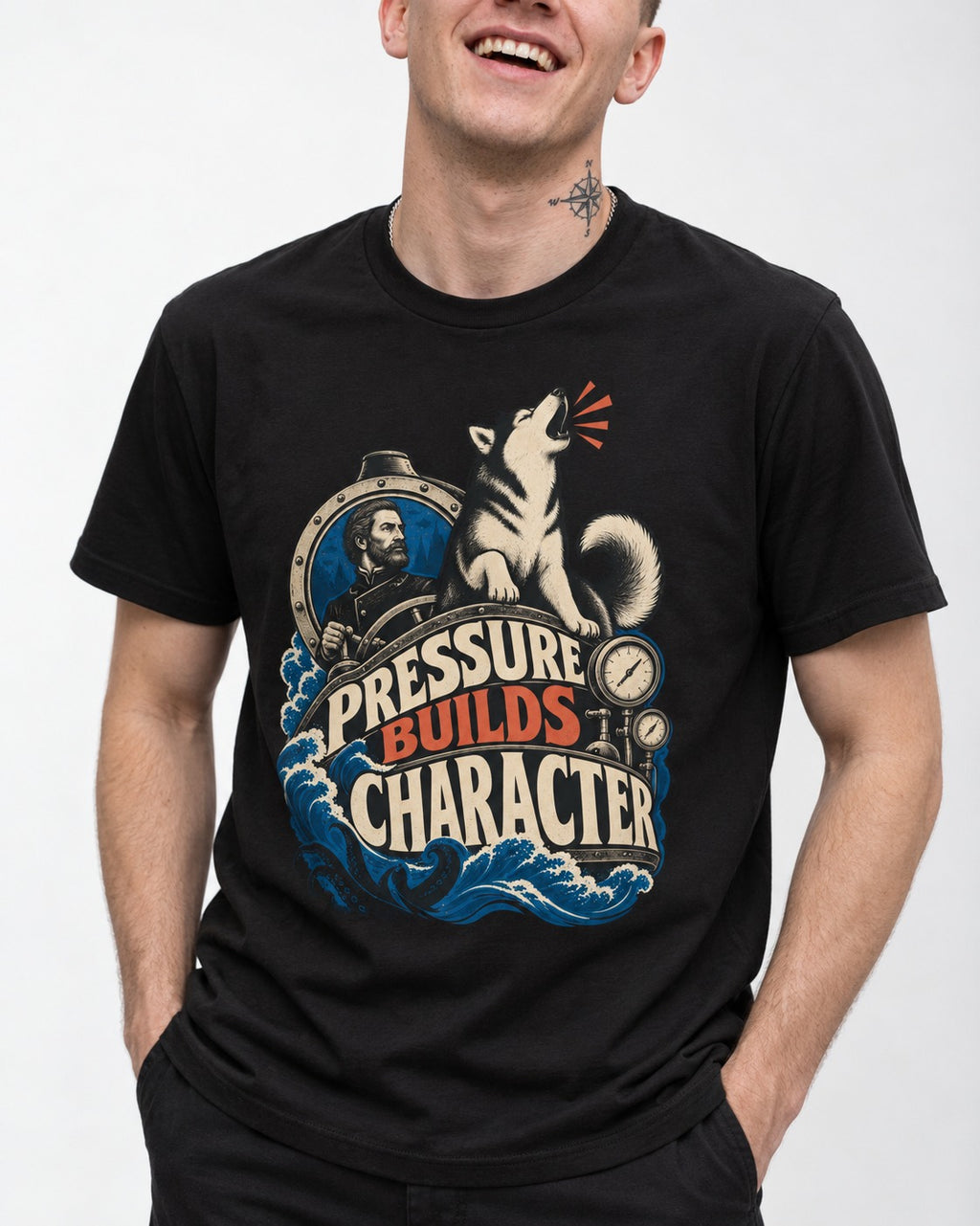 Husky Pressure Builds Character Deep Sea Graphic T-Shirt in Black, worn by a model, front view