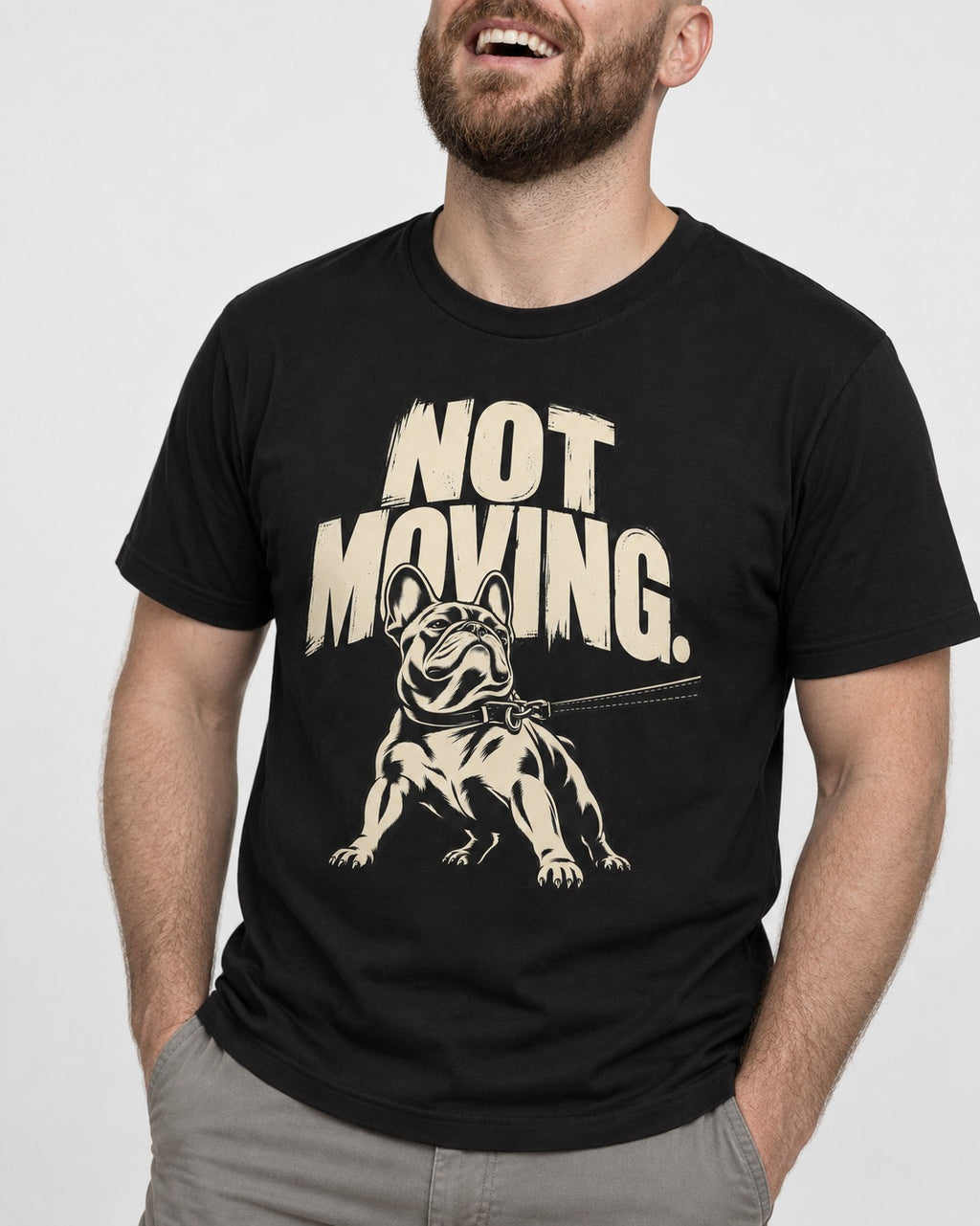 Frenchie Not Moving Taut Leash Poster T-Shirt in Black, worn by a model, front view