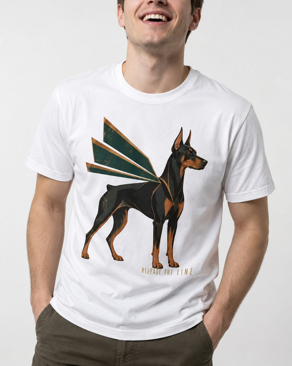 Release the Doberman Line T-Shirt in White, worn by a model, front view