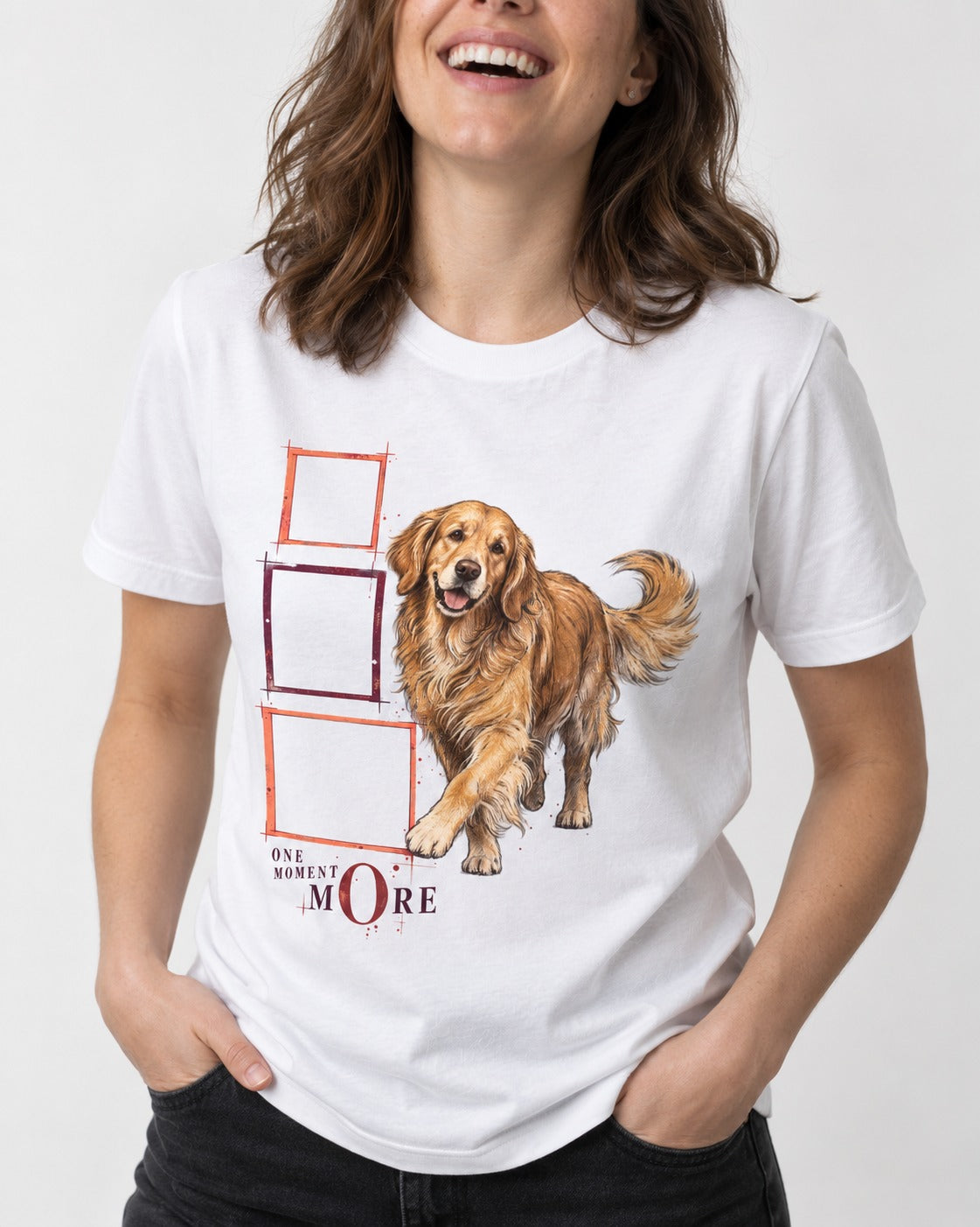Golden Retriever One Moment More T-Shirt in White, worn by a model, front view