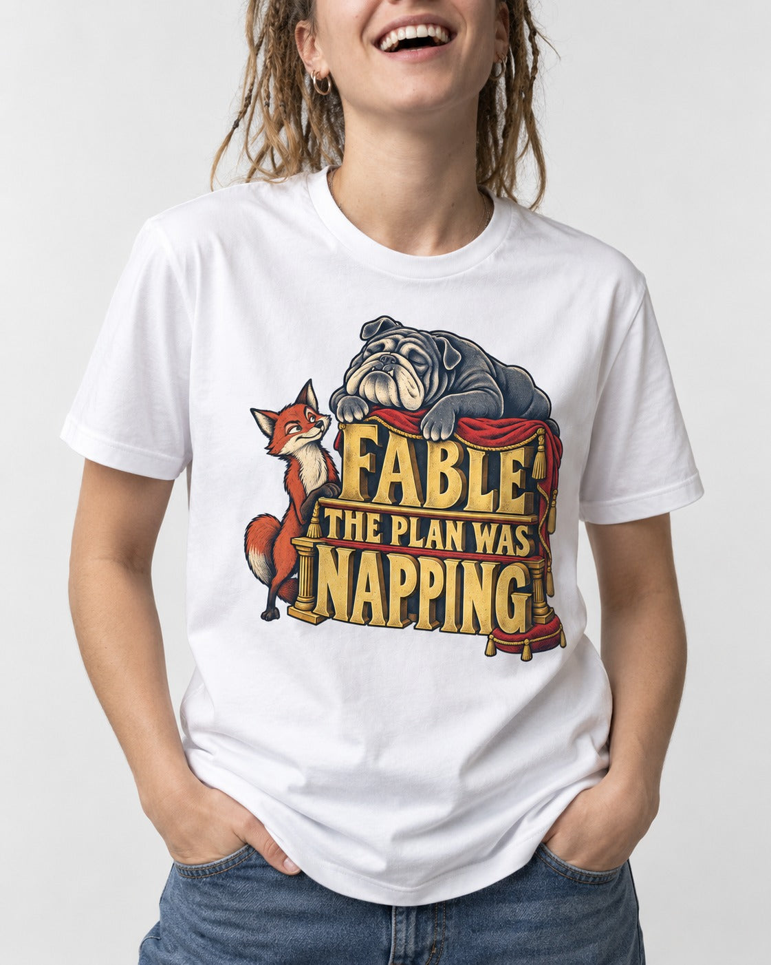 English Bulldog The Plan Was Napping T-Shirt in White, worn by a model, front view
