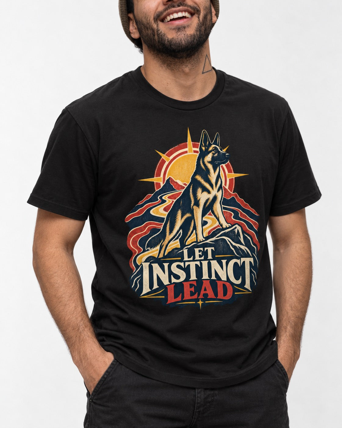 Let Instinct Lead Sunrise German Shepherd Dog Graphic T-Shirt in Black, worn by a model, front view