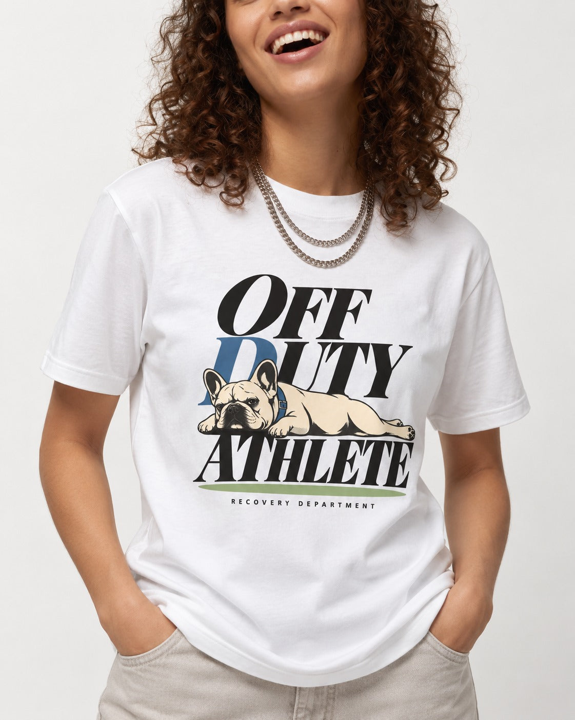 Off Duty Athlete Frenchie T-Shirt in White, worn by a model, front view