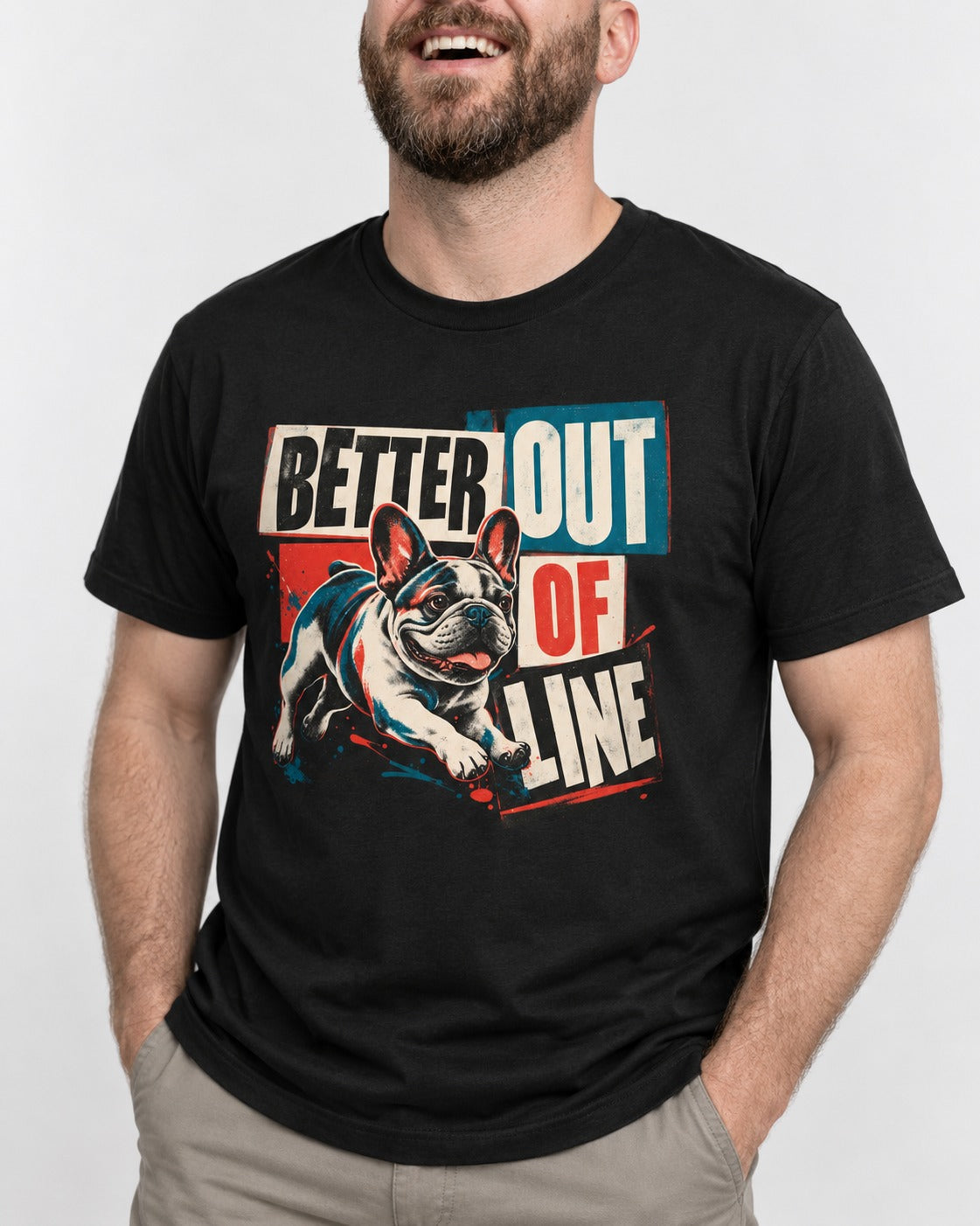 Frenchie Better Out of Line Running Graphic T-Shirt in Black, worn by a model, front view
