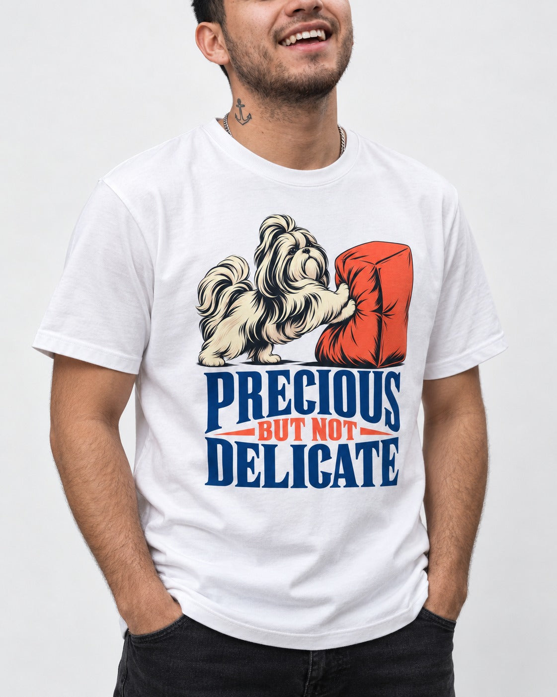Precious but Not Delicate Shih Tzu T-Shirt in White, worn by a model, front view