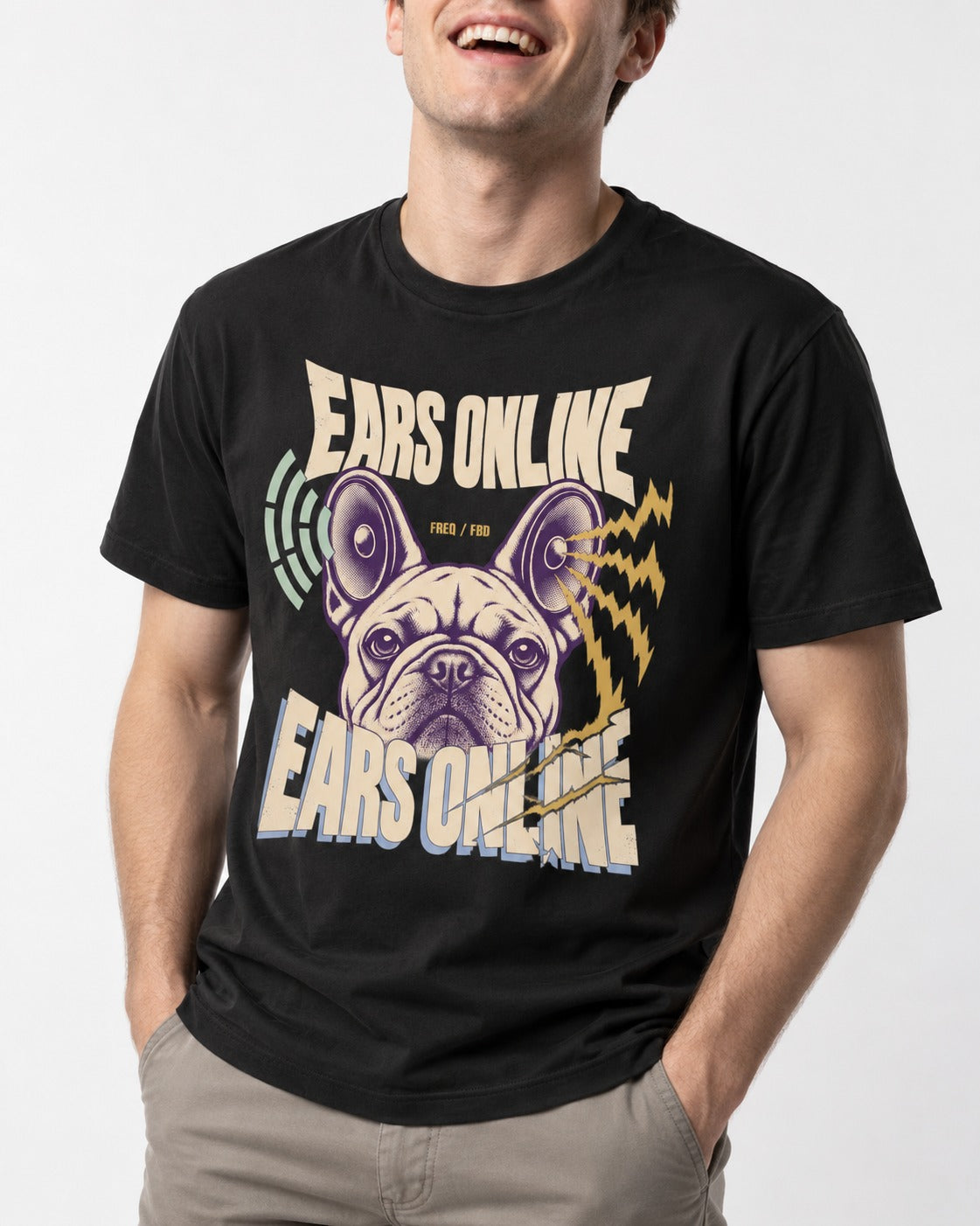 Frenchie Ears Online Audio Signal Graphic T-Shirt in Black, worn by a model, front view