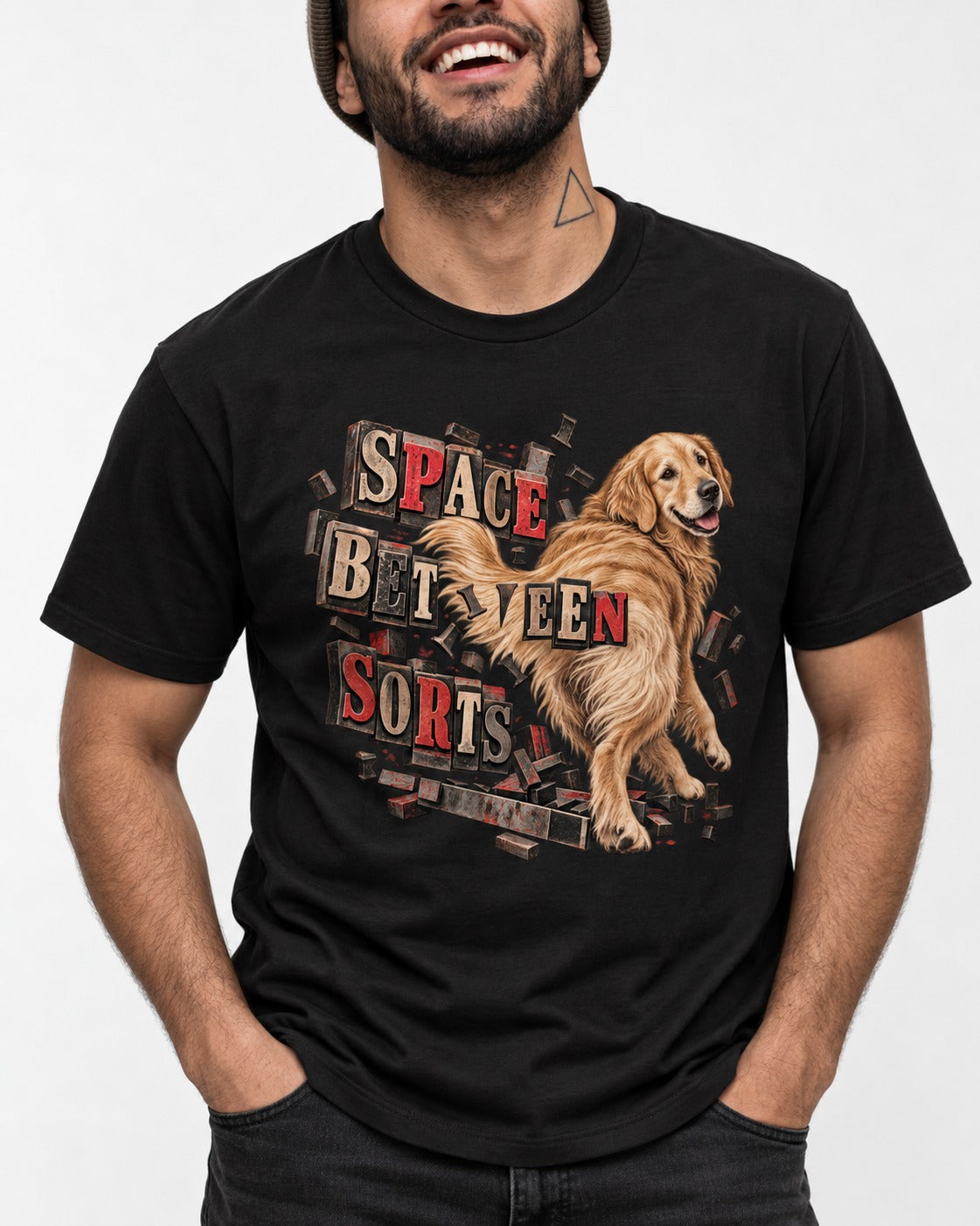 Golden Retriever Space Between Sorts Letterpress Graphic T-Shirt in Black, worn by a model, front view