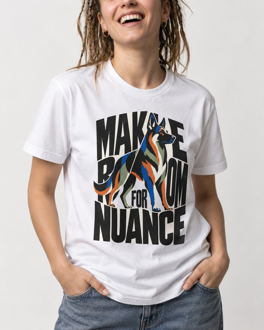 Make Room for Nuance German Shepherd Dog T-Shirt in White, worn by a model, front view