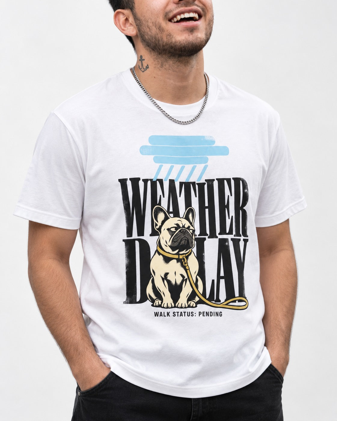 Frenchie Weather Delay T-Shirt in White, worn by a model, front view