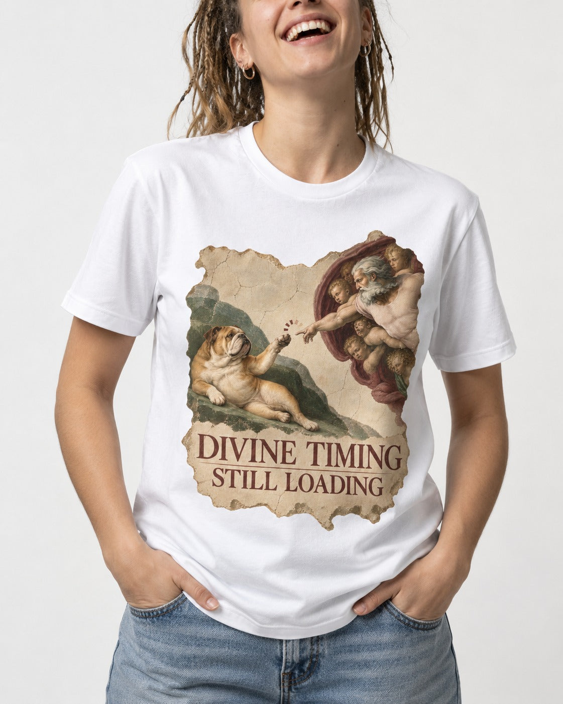 English Bulldog Divine Timing Still Loading T-Shirt in White, worn by a model, front view