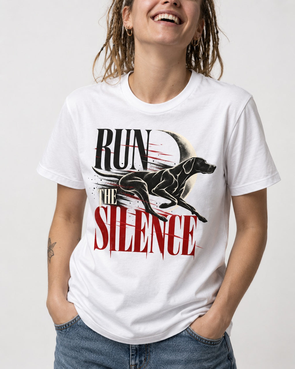 Run the Silence German Shorthaired Pointer T-Shirt in White, worn by a model, front view