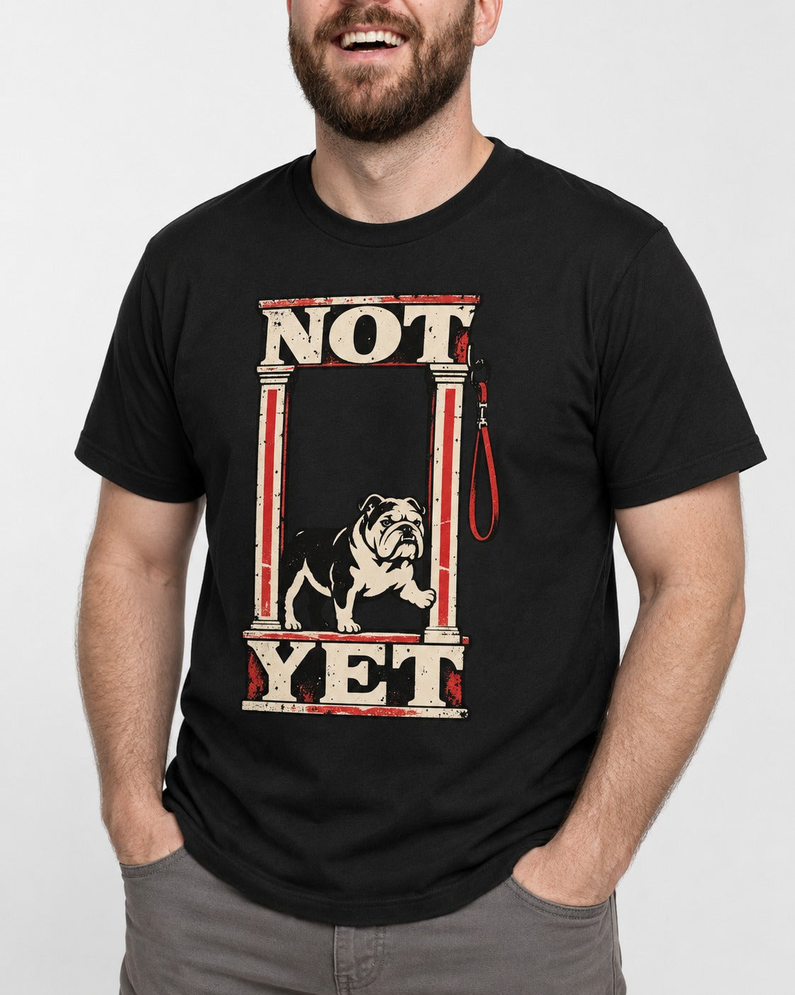 English Bulldog Not Yet Doorway Graphic T-Shirt in Black, worn by a model, front view