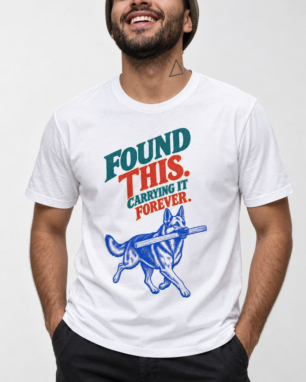 German Shepherd Dog Carrying It Forever T-Shirt in White, worn by a model, front view