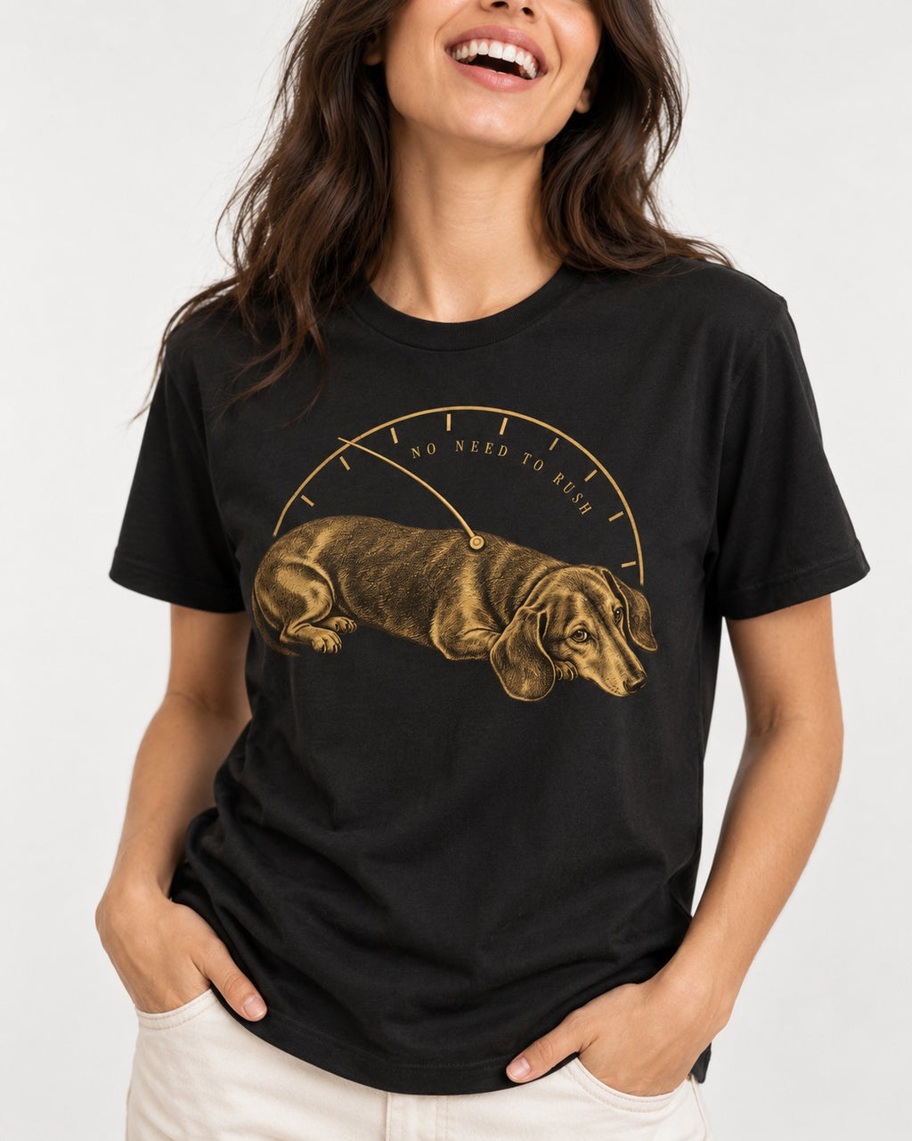 Dachshund No Need To Rush Gauge Graphic T-Shirt in Black, worn by a model, front view