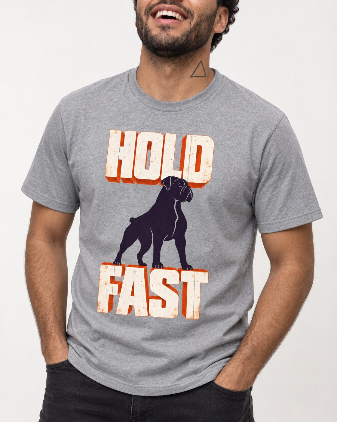 Hold Fast Boxer Typography Graphic T-Shirt in Sport Grey, worn by a model, front view