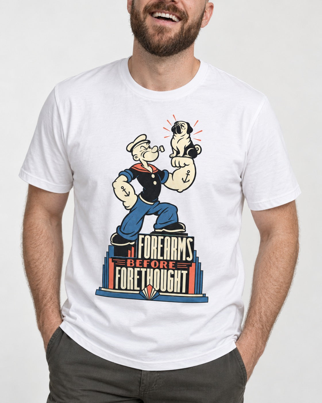 Pug Forearms Before Forethought T-Shirt in White, worn by a model, front view