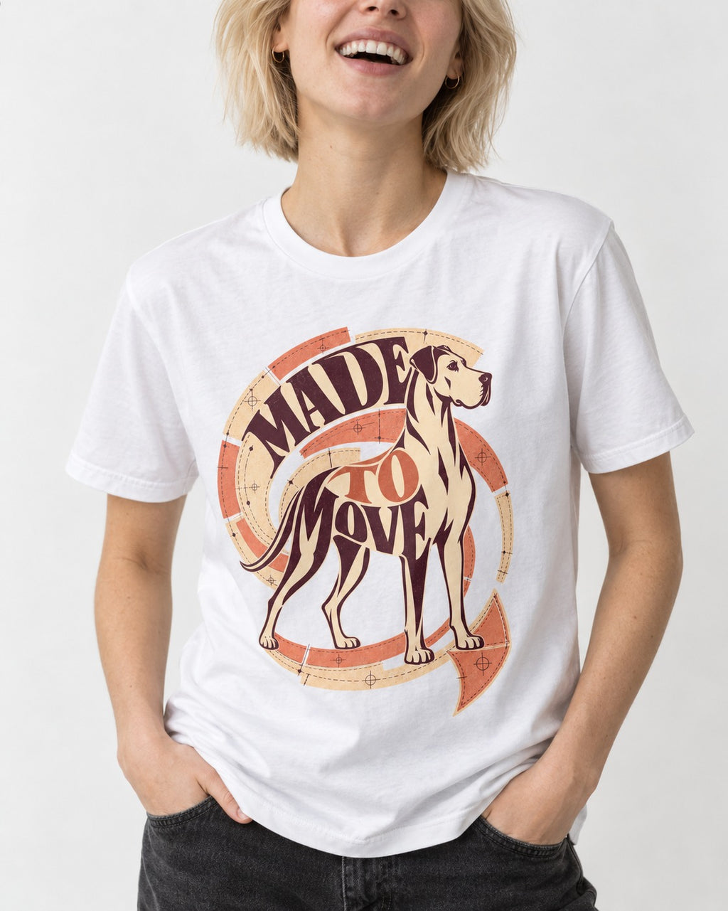 Great Dane Made to Move T-Shirt in White, worn by a model, front view