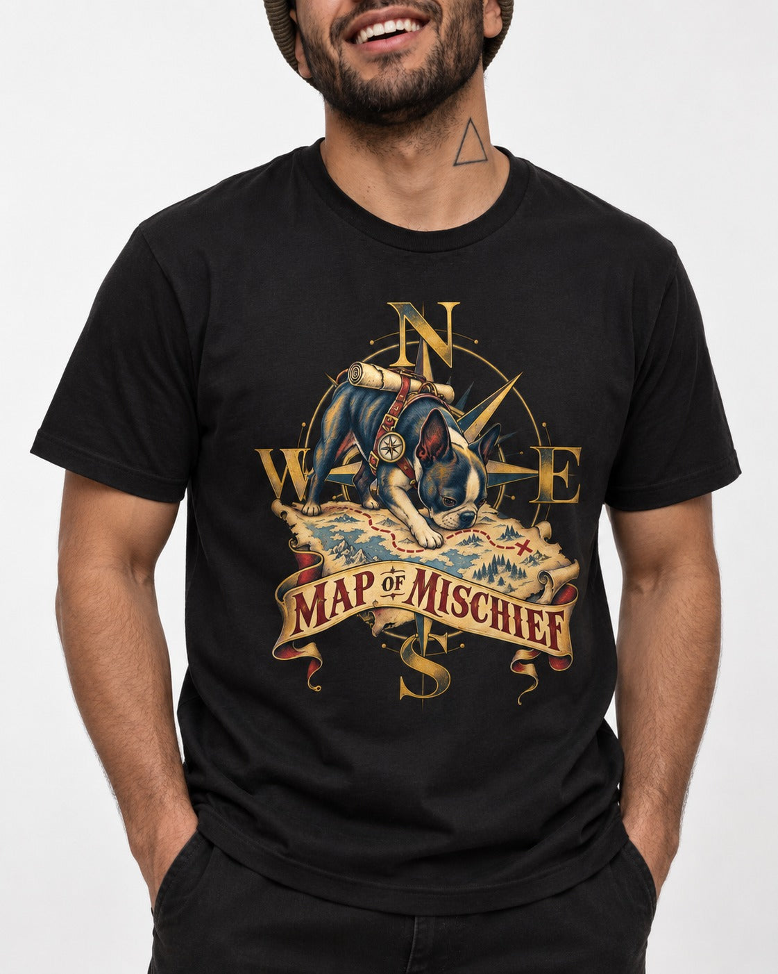 Map of Mischief Boston Terrier T-Shirt in Black, worn by a model, front view