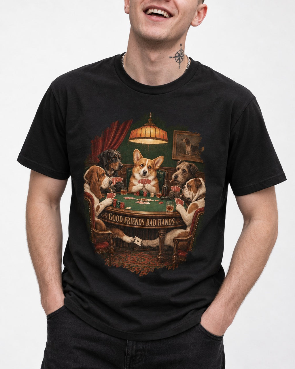Corgi Good Friends Bad Hands Poker Night T-Shirt in Black, worn by a model, front view