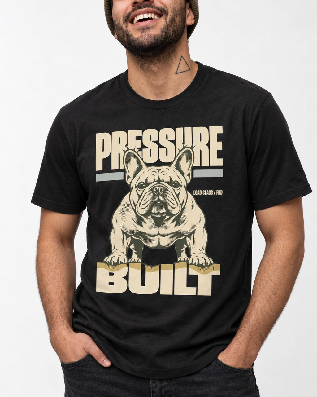 Frenchie Pressure Built Load Class Graphic T-Shirt in Black, worn by a model, front view