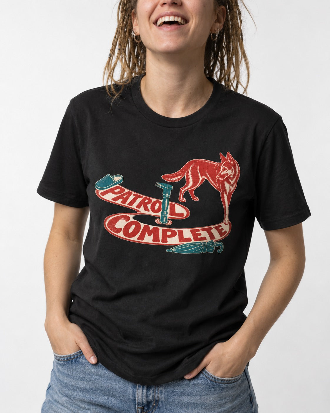 German Shepherd Dog Patrol Complete Umbrella Graphic T-Shirt in Black, worn by a model, front view