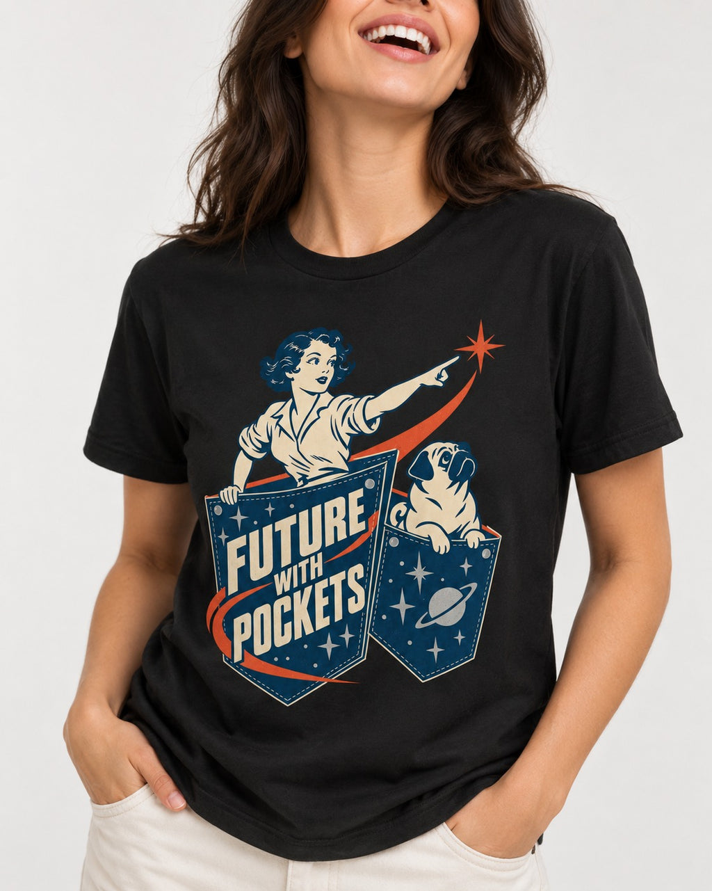 Pug Future with Pockets Space Pocket Graphic T-Shirt in Black, worn by a model, front view
