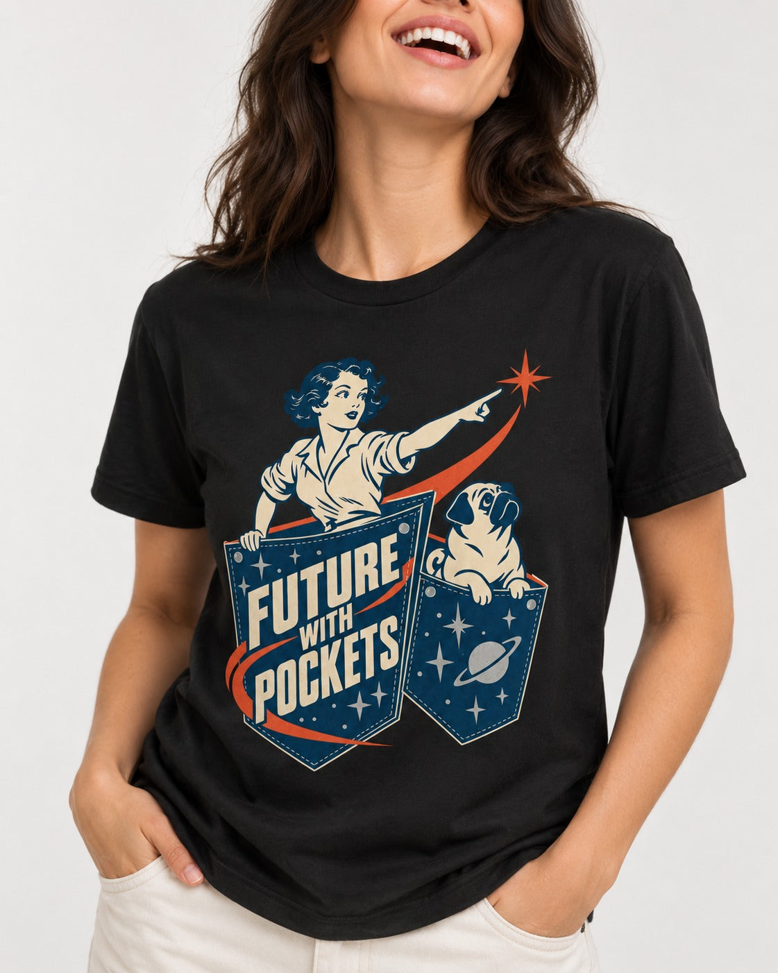 Pug Future with Pockets Space Pocket Graphic T-Shirt in Black, worn by a model, front view