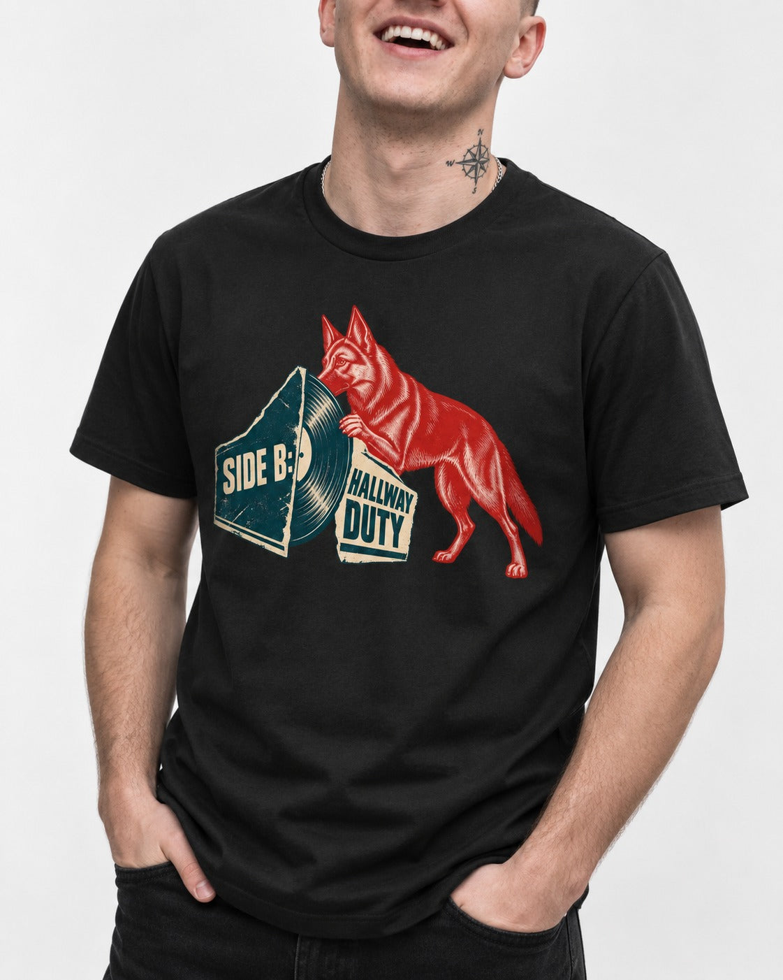 Side B Hallway Duty Vinyl Record German Shepherd Dog Graphic T-Shirt in Black, worn by a model, front view
