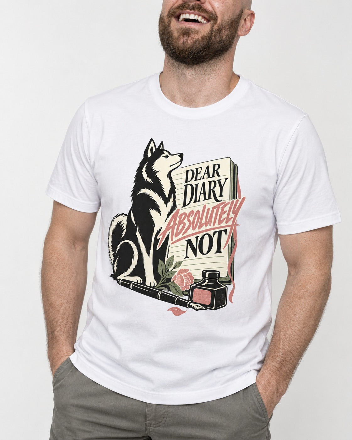 Husky Absolutely Not T-Shirt in White, worn by a model, front view