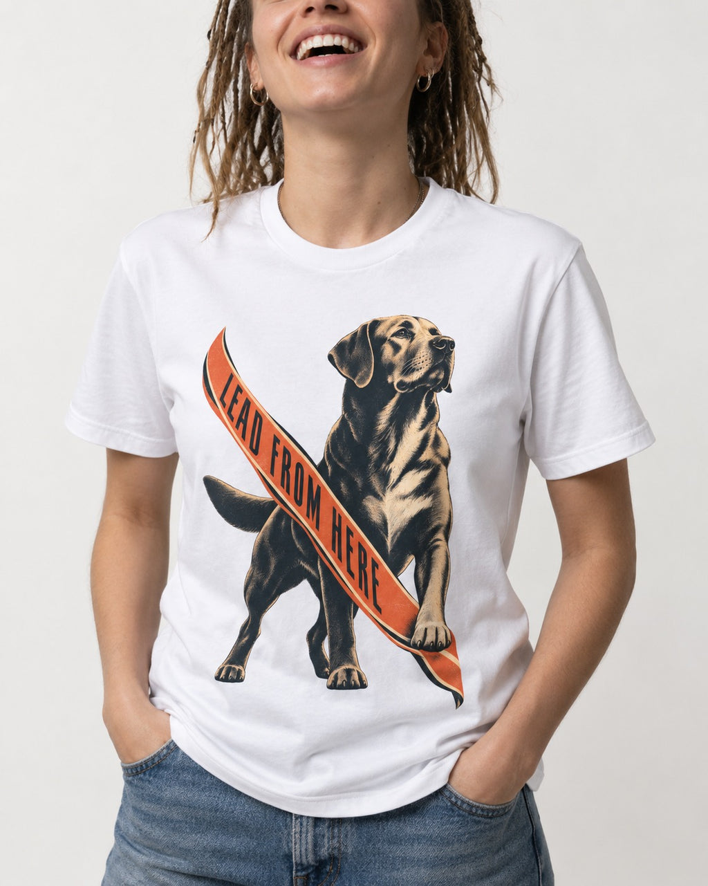 Lead From Here Labrador Retriever T-Shirt in White, worn by a model, front view