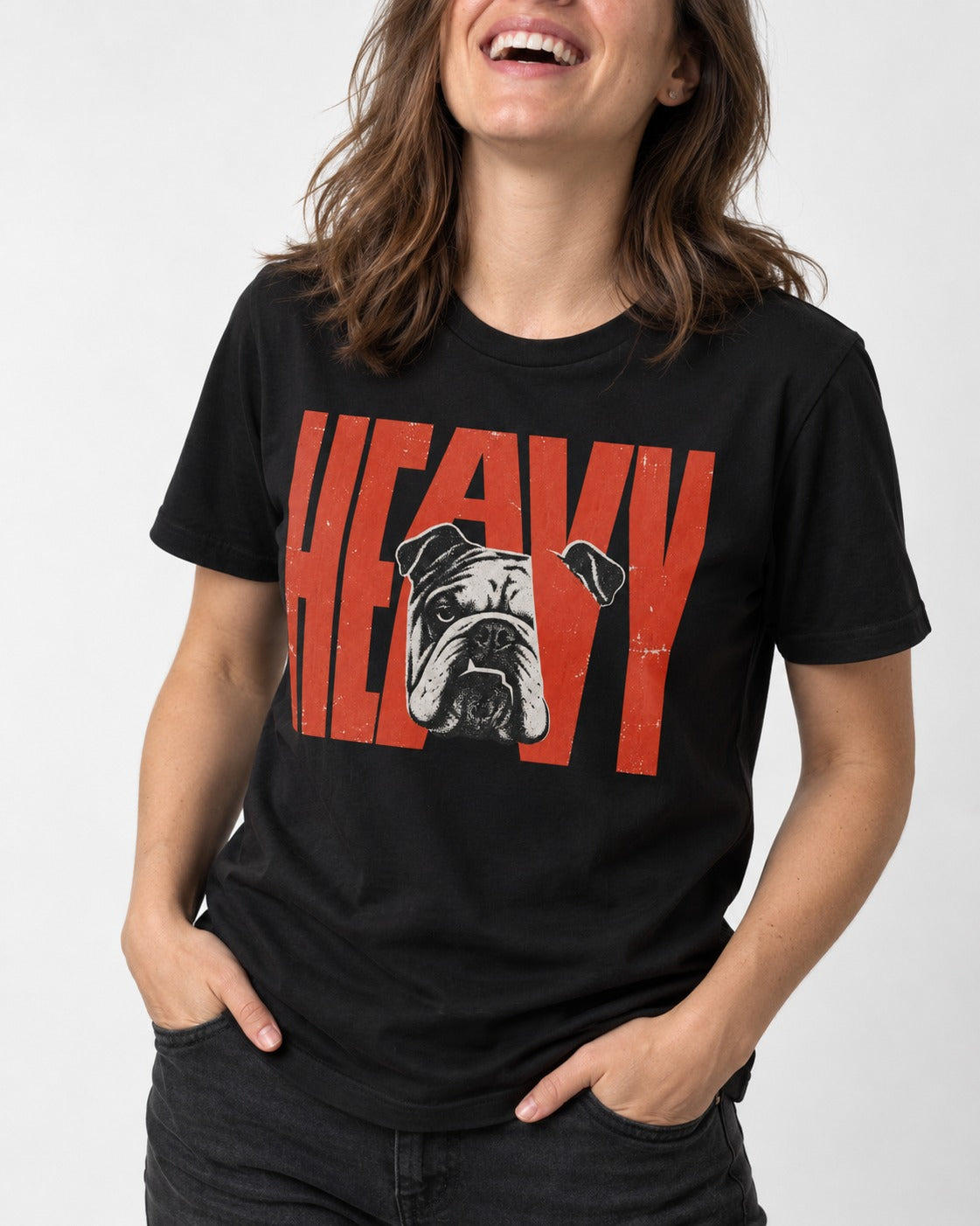 English Bulldog Heavy Stacked Portrait Graphic T-Shirt in Black, worn by a model, front view