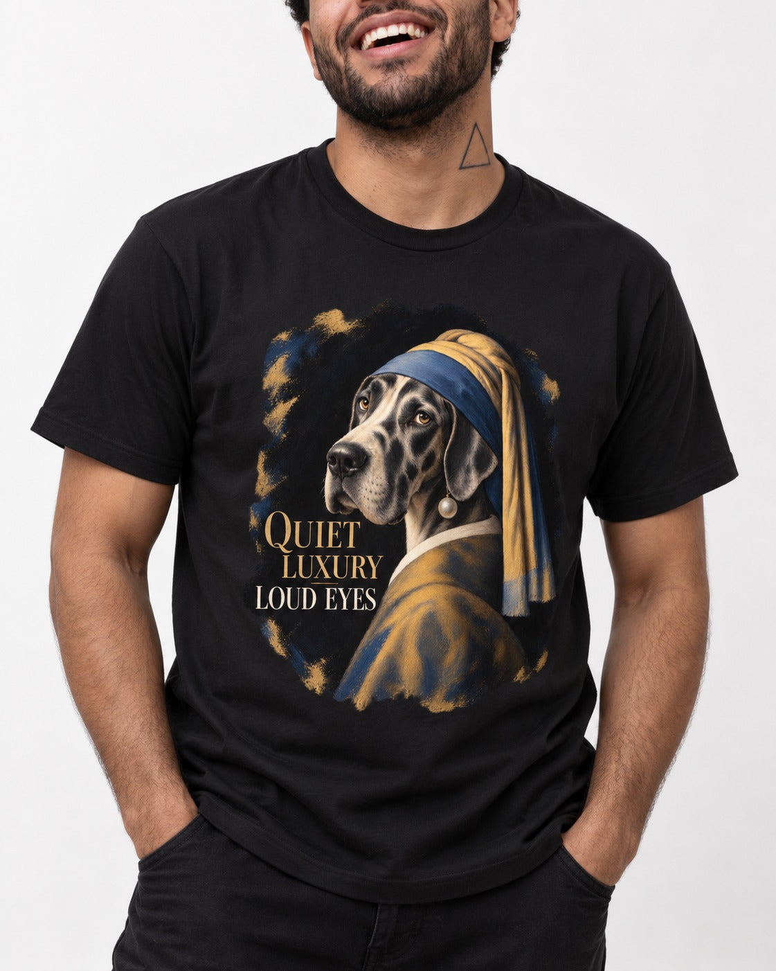 Great Dane Quiet Luxury Loud Eyes Pearl Portrait Graphic T-Shirt in Black, worn by a model, front view