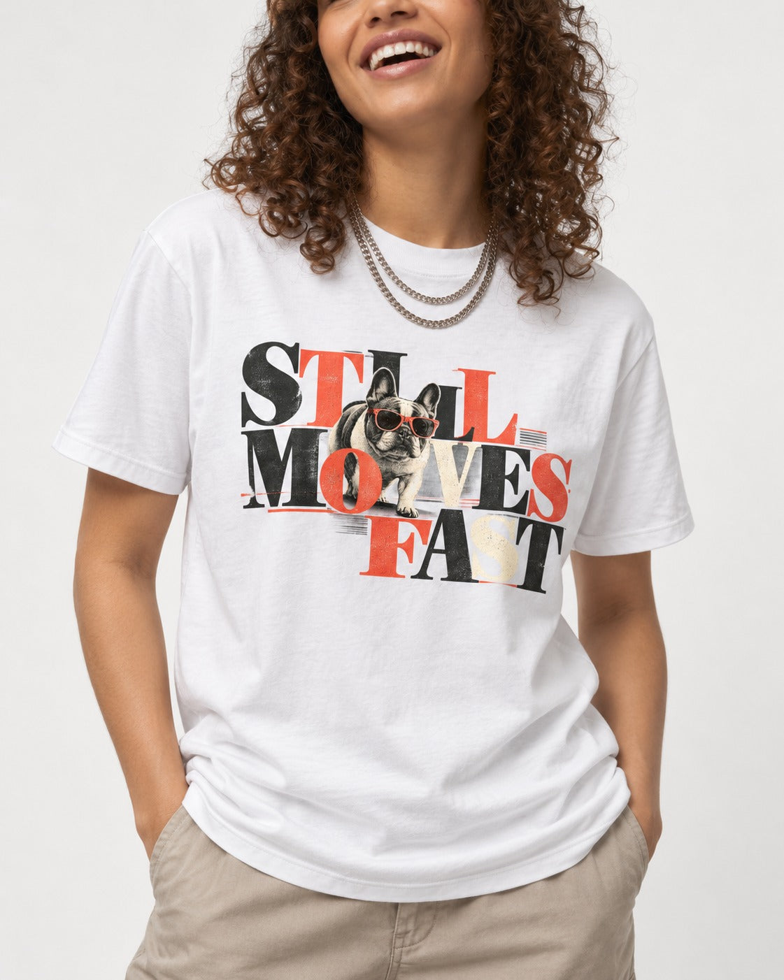 Frenchie Still Moves Fast T-Shirt in White, worn by a model, front view